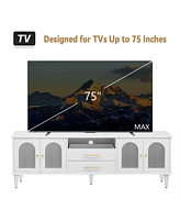 Retro Tv Stand Console with Fluted Glass Doors for 75" TVs