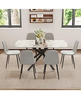 White Marble Dining Set: 63" Table & 6 Gray Chairs