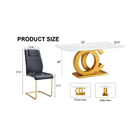 63" Glass Dining Set: Marble Table & 6 Black/Gold Chairs