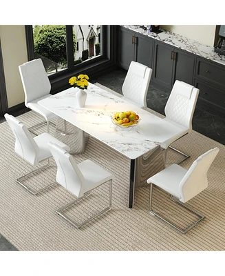 63" Cold Jade Dining Table Set with 6 White Pu Chairs