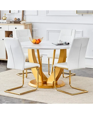 Snow Mountain White Round Dining Set - 47" Table & 4 White/Gold Chairs