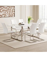 71" White Dining Table Set with 6 Pu Chairs