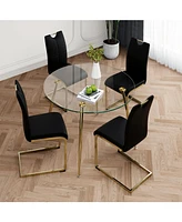 Glass Dining Set: Round Table, Gold Legs, 4 Black Chairs