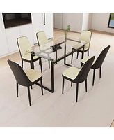 51" Glass Dining Table Set, Black Metal Legs & Pu Chairs