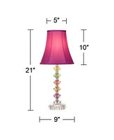 Bohemian Traditional Chic Style Accent Table Lamps 21" High Set of 2 Multi Colored Stacked Glass Deep Pink Bell Shade Decor for Kids Girls Room B