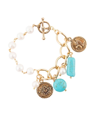 Barse Genuine Turquoise Magnesite and White Cultivated Pearl Multi Charm Bracelet