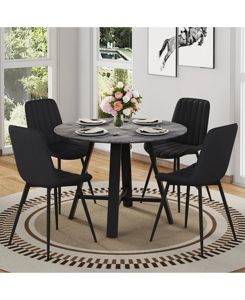 Round Dining Table Set - Gray Wood Grain, Black Cushions