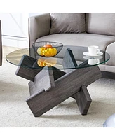 33.4" Round Glass Coffee Table - Grey Patterned Legs