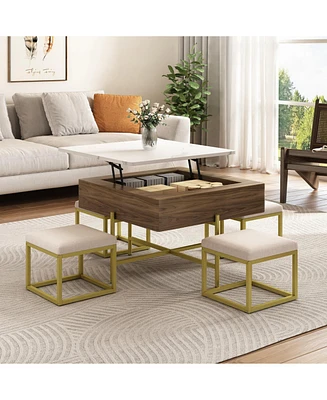Modern Square Lift-Top Coffee Table Set with Storage & 4 Ottomans