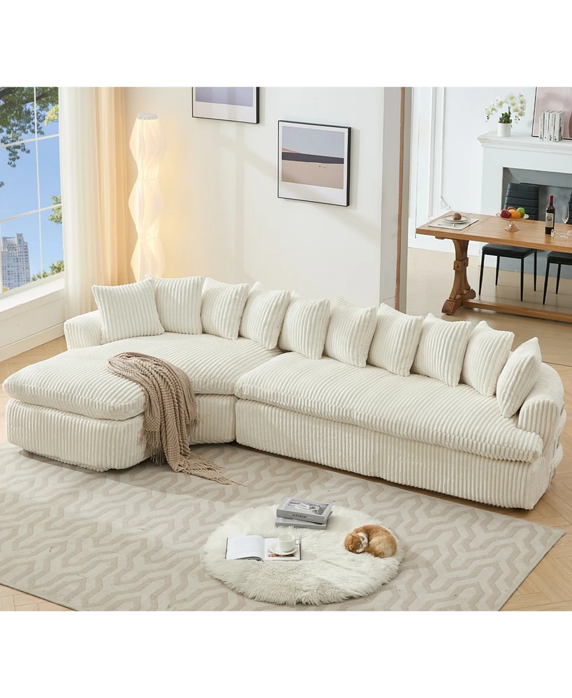 127" Large Beige Corduroy Sectional Sofa - Curved Design, High-Resilience Foam