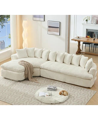 127" Large Beige Corduroy Sectional Sofa - Curved Design, High-Resilience Foam