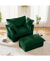 Green Corduroy Armchair Set with Ottoman