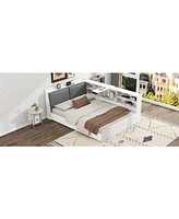 Wood Full Size platform bed with Storage Headboard, Shelves and 2 Drawers, White