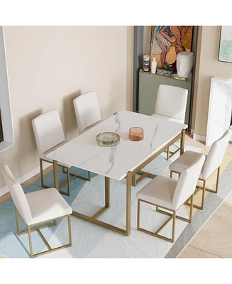 Modern Dining Table Set for 6 Faux Marble Kitchen Table Set with 6 Upholstered Dining Chairs, 7-Piece, White+Golden