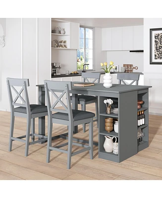 Solid Wood Farmhouse Dining Table Set with Storage Shelves and Upholstered Chairs