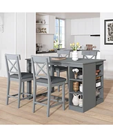 Solid Wood Farmhouse Dining Table Set with Storage Shelves and Upholstered Chairs