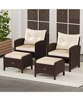 2 Pieces Outdoor Patio Pe Wicker Ottomans with Removable Cushions