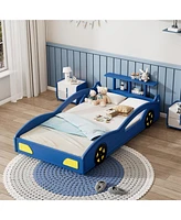 Wooden Race Car Bed,Car-Shaped Platform Twin Bed with Wheels For Teens
