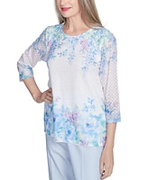 Alfred Dunner Petite Placed-Floral 3/4-Sleeve Top