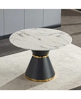 White Marble Print Round Table, Black/Gold Base (No Chairs)