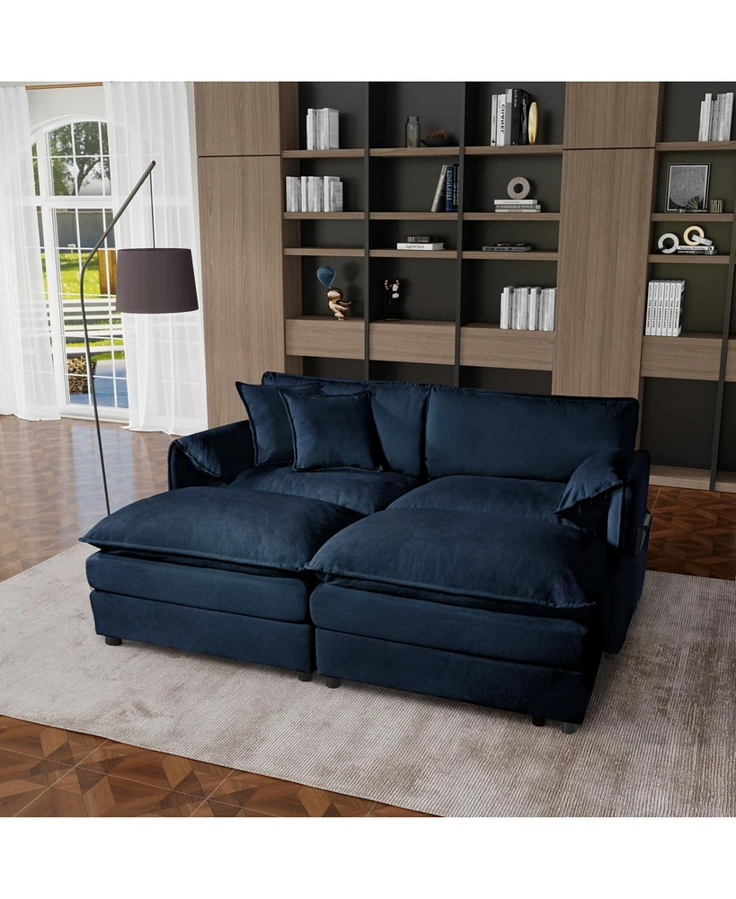 Deep Seat Cloud Sofa with Ottomans & Pillows, Modular Couch, Blue