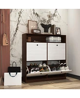 Shoe Storage Cabinet: 4 Flip Drawers, Wooden Handles, Freestanding, Anti-Tip Fitting