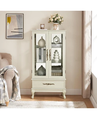 Curio Cabinet Lighted Glass Cabinet Glass Wine Cabinet Curio Display Cabinet with Adjustable Glass Shelves 2 Doors and 1 drawer Cabinet Sideboard With