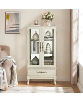 Curio Cabinet Lighted Glass Cabinet Glass Wine Cabinet Curio Display Cabinet with Adjustable Glass Shelves 2 Doors and 1 drawer Cabinet Sideboard With