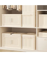 White Folding Storage Cabinet, 3 Tiers, Collapsible Bins, Wheels