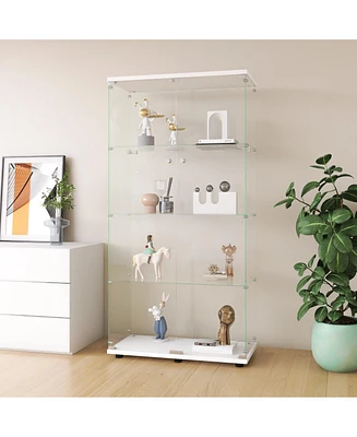 Two-door Glass Display Cabinet 4 Shelves with Door, Floor Standing Curio Bookshelf for Living Room Bedroom Office, 64.7" 31.7" 14.3", W