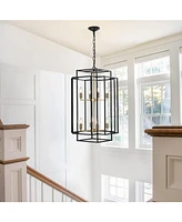 8-Lights Black & Gold Lantern Tiered Pendant Light Fixtures, Industrial Farmhouse Hanging Chandelier (No Bulbs)