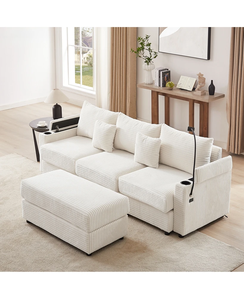 Modern 3-Seater Sofa Sectional w/ Ottoman, Usb, Cup Holders