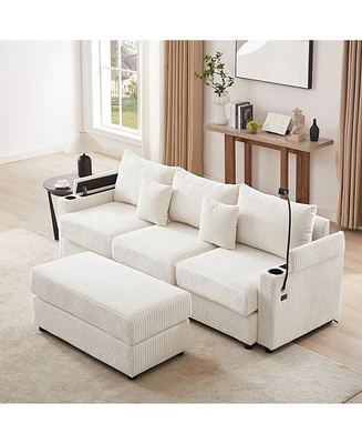 Modern 3-Seater Sofa Sectional w/ Ottoman, Usb, Cup Holders