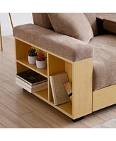 Convertible Sofa Bed with Ottoman, Storage Drawer, Drop Table, and Cup Holders (Light Brown)