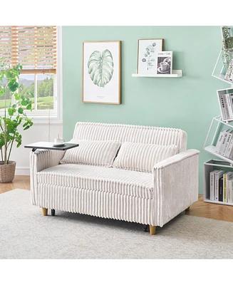 Beige Corduroy Pull-Out Sofa with Tabletop and Usb Ports