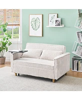 Beige Corduroy Pull-Out Sofa with Tabletop and Usb Ports