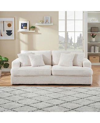 79.3 inches long, Corduroy Sofa, with 4 Matching Toss Pillows Sleek Design Spacious and Comfortable 3 Seater Couch for Modern Living Room, White