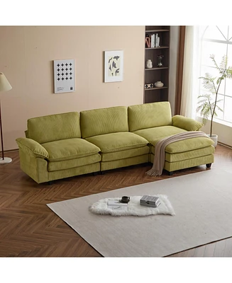 Modular Corduroy Sofa with Movable Ottoman: Comfy L-Shaped Upholstery with Sleeper