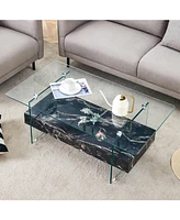 43.3" Modern Two-Tier Glass Coffee Table w/ Marble Texture & Drawer