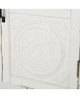 Rustic Distressed White Cabinet With Faux Wood Overlay And Brown Top