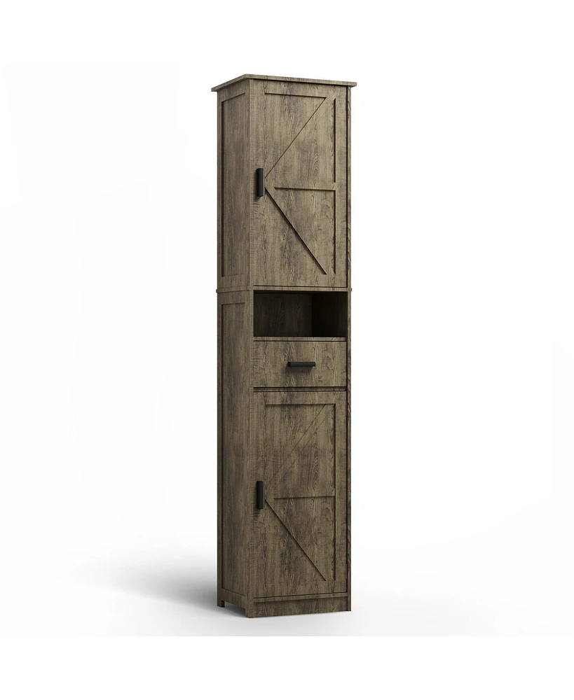 69" H Tall Bathroom Storage Cabinet with 2 Barn Doors and 1 Drawer, Narrow Storage Unit, Adjustable Shelves, Floor Cabinet for Bathroom, Living R