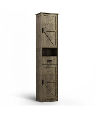 69" H Tall Bathroom Storage Cabinet with 2 Barn Doors and 1 Drawer, Narrow Storage Unit, Adjustable Shelves, Floor Cabinet for Bathroom, Living R