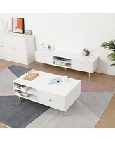 Modern White Coffee Table with Storage and Solid Wood Legs