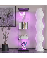 Led lights Glass Display Cabinet 4 Shelves with Door, Floor Standing Curio Bookshelf for Living Room Bedroom Office, 64.7" 16.7" 14.3",