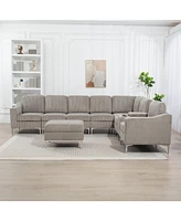 Corduroy Convertible Sectional Sofa with Ottoman, Gray