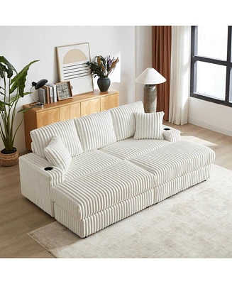 Cozy 84" Corduroy Sofa with Storage, Ottomans, and Pillows