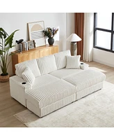 Cozy 84" Corduroy Sofa with Storage, Ottomans, and Pillows