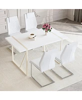 Cream-Style Dining Table Set for 4 with Silver Metal Legs, 55"x31.4