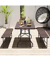 6 Feet Folding Table with Wood Grain Hdpe Tabletop and Safe Lock Mechanism-Brown