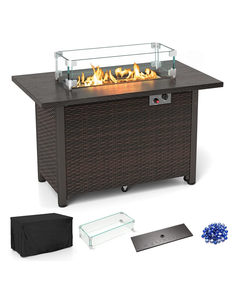 50000 Btu 2 Inch ropane Gas Fire Pit Table with Wind Guard and Glass Rocks-Brown